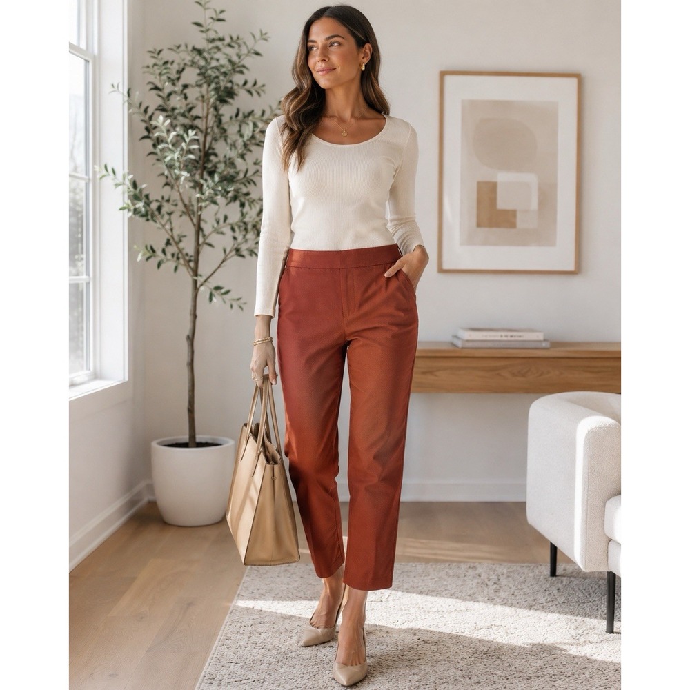 Women's Size 14 Rust Terracotta Straight Leg Ankle Pants Stretch Career Casual